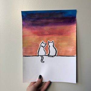 Cats Watching Sunset Painting
